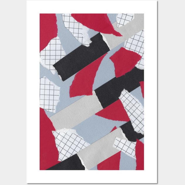 Checkers and Bars - Red, Blue, White - Abstract Mixed Torn Paper Collage Wall Art by GenAumonier